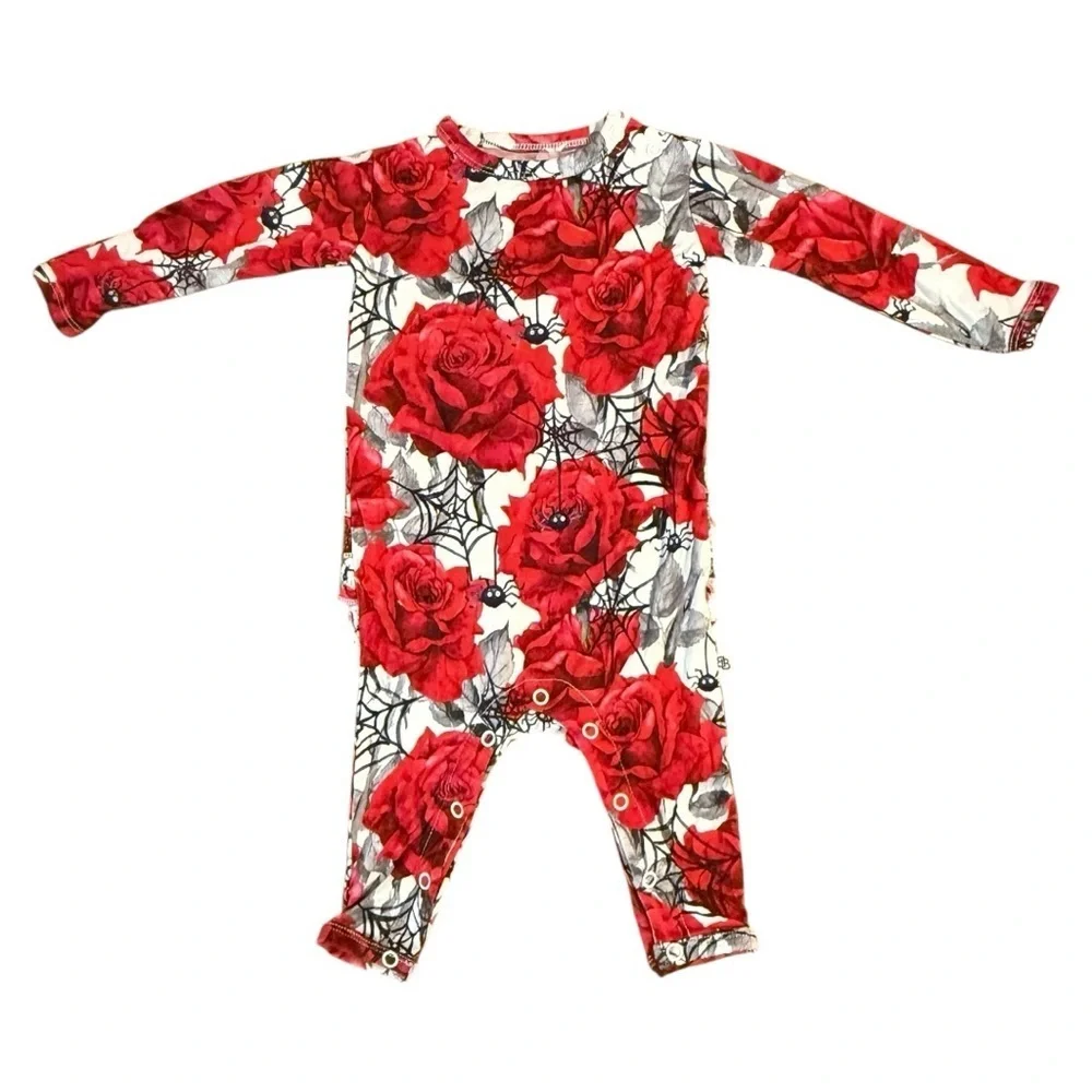 Little Bum Bums Red Rose Spiderweb Bamboo Ruffle Romper 0–3M